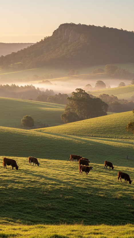 Jamberoo farm sunrise with Red Devon and Angus cattle
